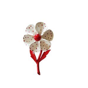 Vintage Enamel Floral Brooch White and Red with Polka Dots